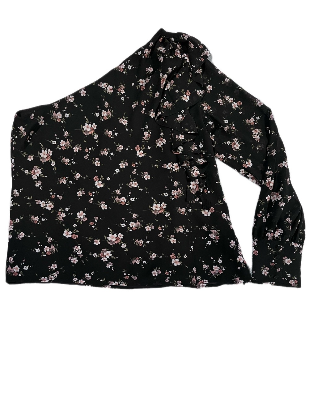 NWT Floral One Shoulder Frill Blouse Black with Pink Floral Pattern Size M